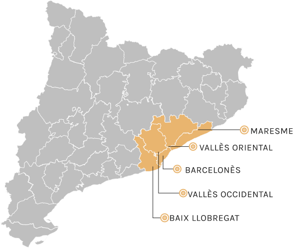 Mapa de Cataluña con comarcas como el barcelones donde Pintparket realiza instalaciones de parquet